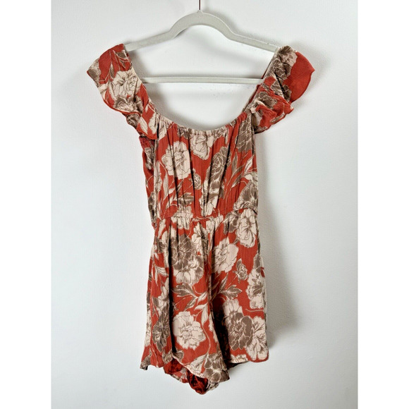 Amuse Society Red Floral Ruffle Sleeve Bohemian Hipster Coquette Cottage Romper - Picture 8 of 8